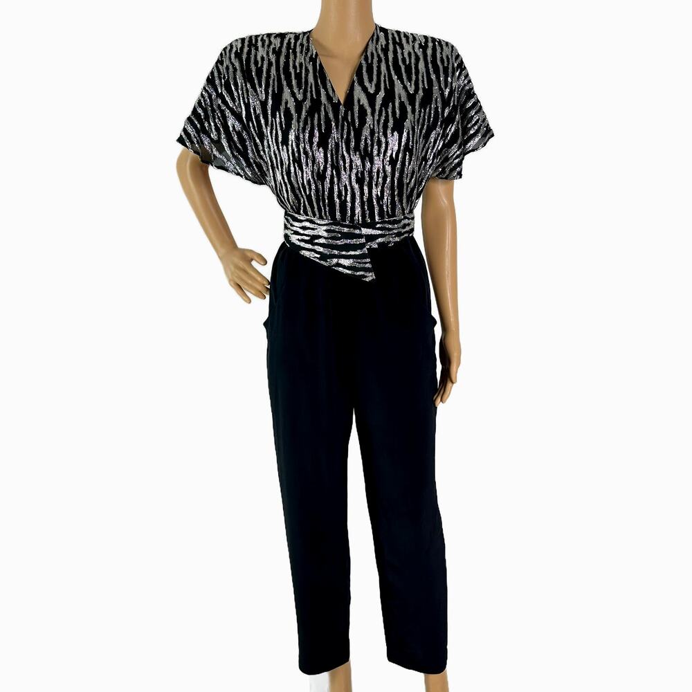 Vintage 80s Metallic Zebra Jumpsuit Silver Black Striped Catsuit w Belt Sz Small